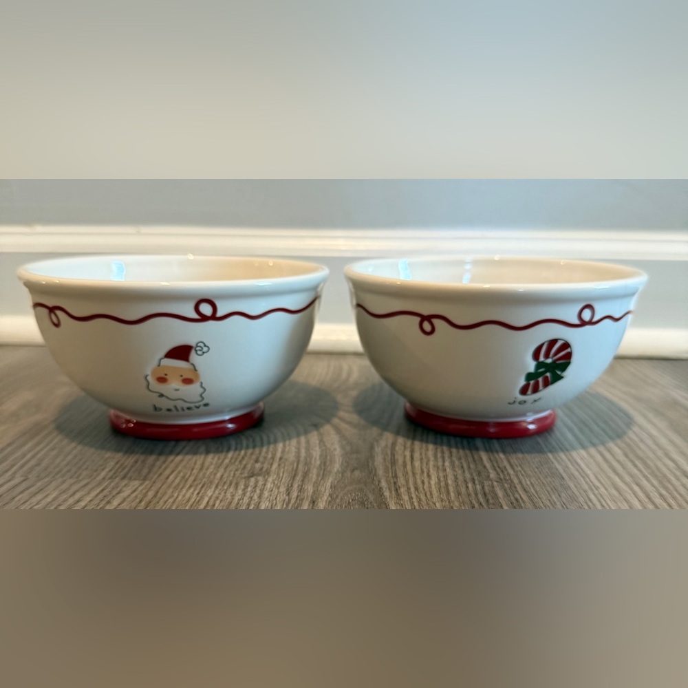 Pottery Barn Outlet Santa Candy Cane Believe Joy Christmas Soup Cereal Bowl (2)